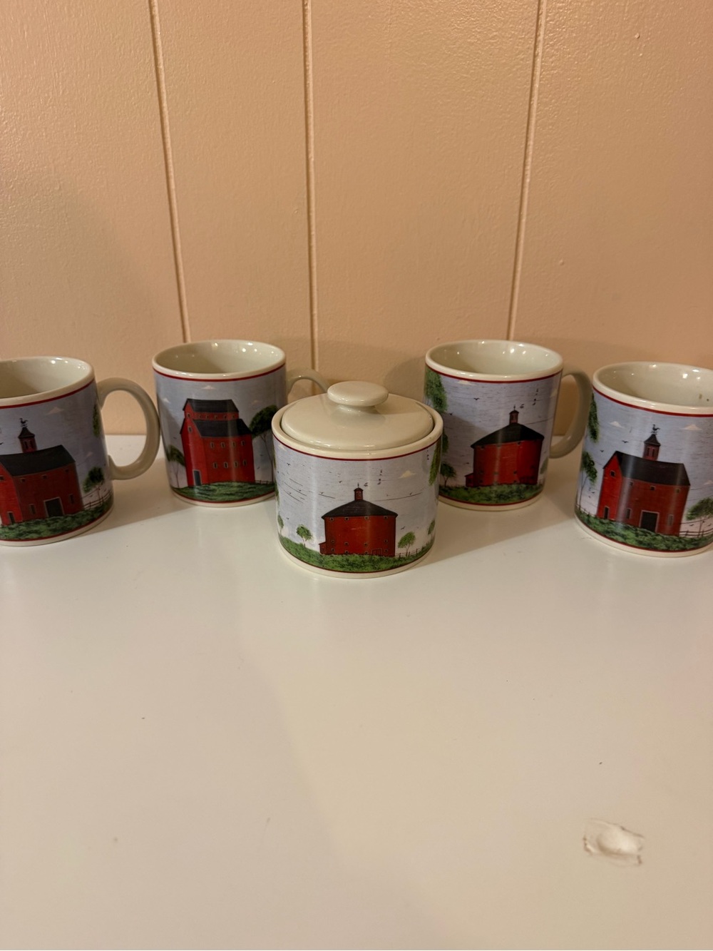 Warren Kimble Sakura BARNS 4 mugs and a spice canister